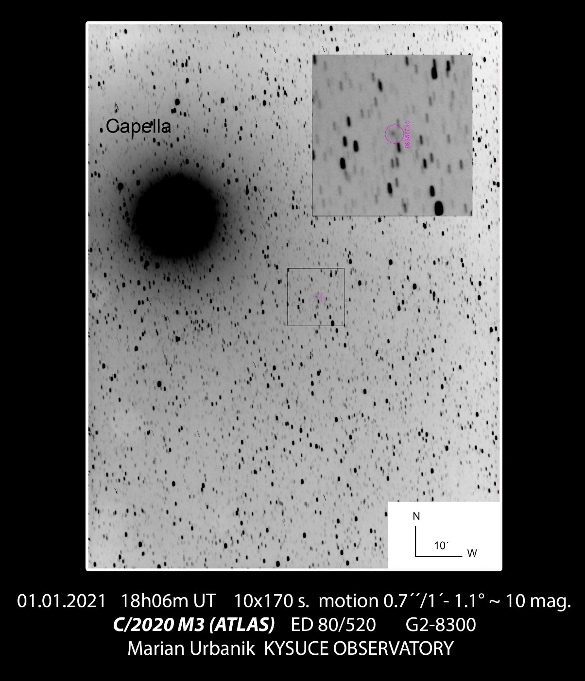 C/2020 M3 (ATLAS) z 1.1.2021. 18:01 UT. Autor: M. Urbaník, Krajská hvezdáreň v Žiline